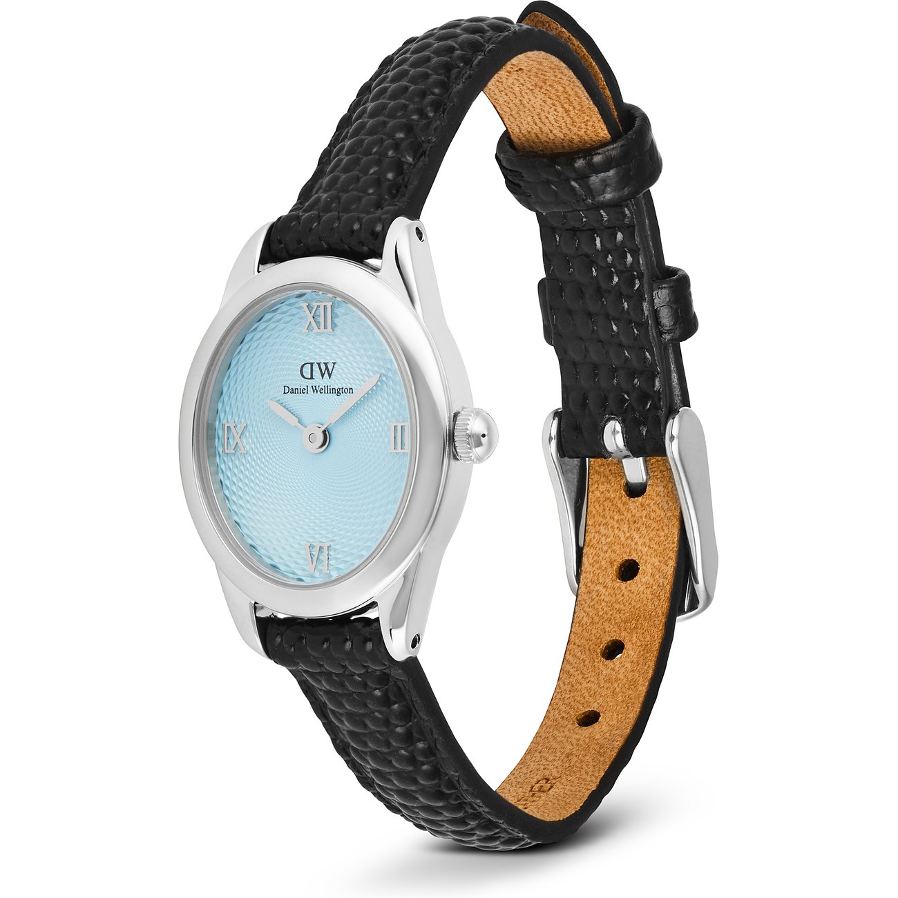 Daniel Wellington Damenuhr mit schwarzem Lederarmband und hellblauem Zifferblatt auf weißem Hintergrund.