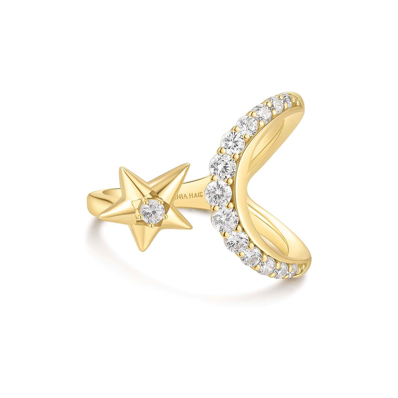 Ania Haie 925er Silberring in Goldoptik mit einem Stern und einer funkelnden Reihe klarer Zirkonia-Farbsteine.