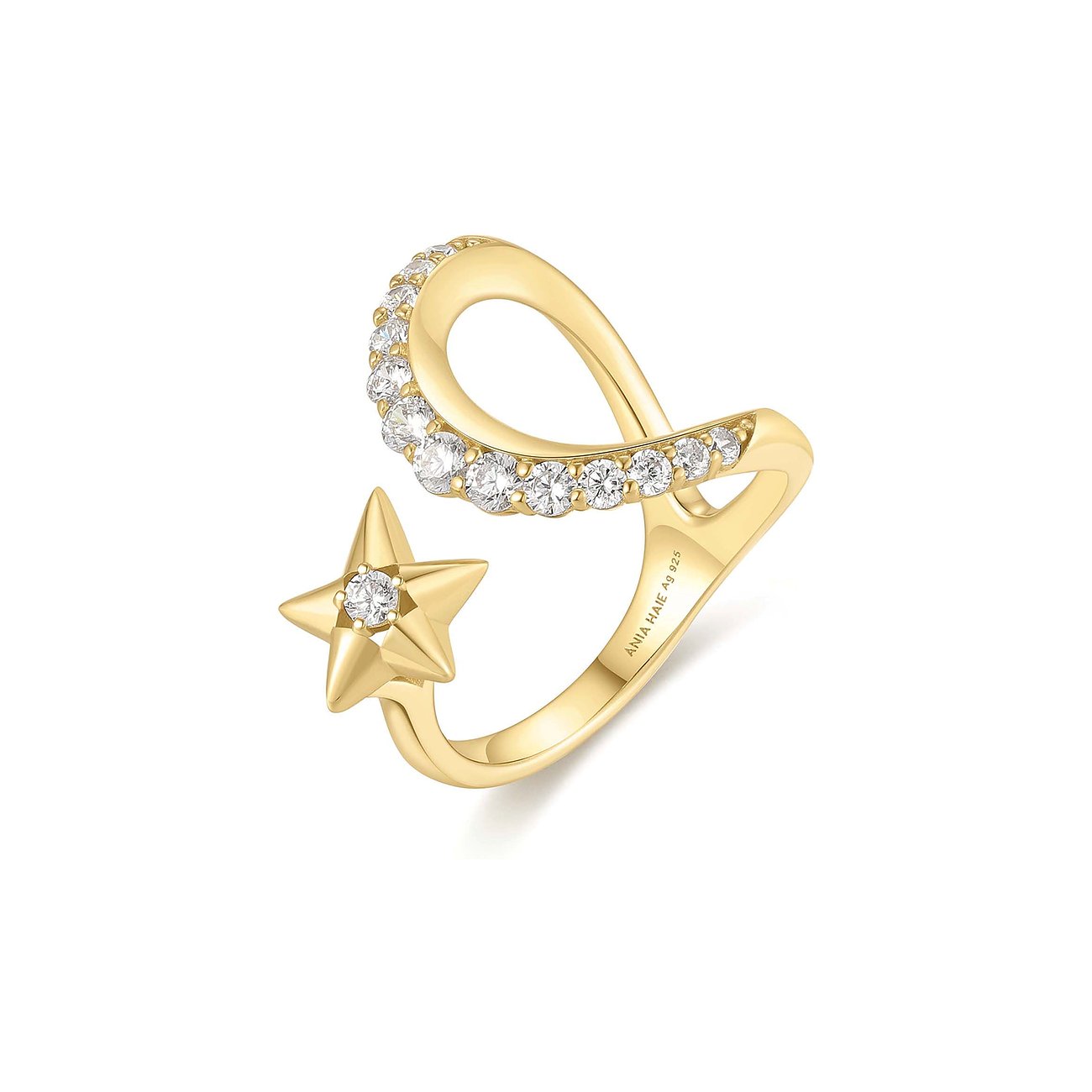Ania Haie Silberner Ring vergoldet mit funkelndem Zirkonia, stilvoll geschwungen mit Stern-Detail.