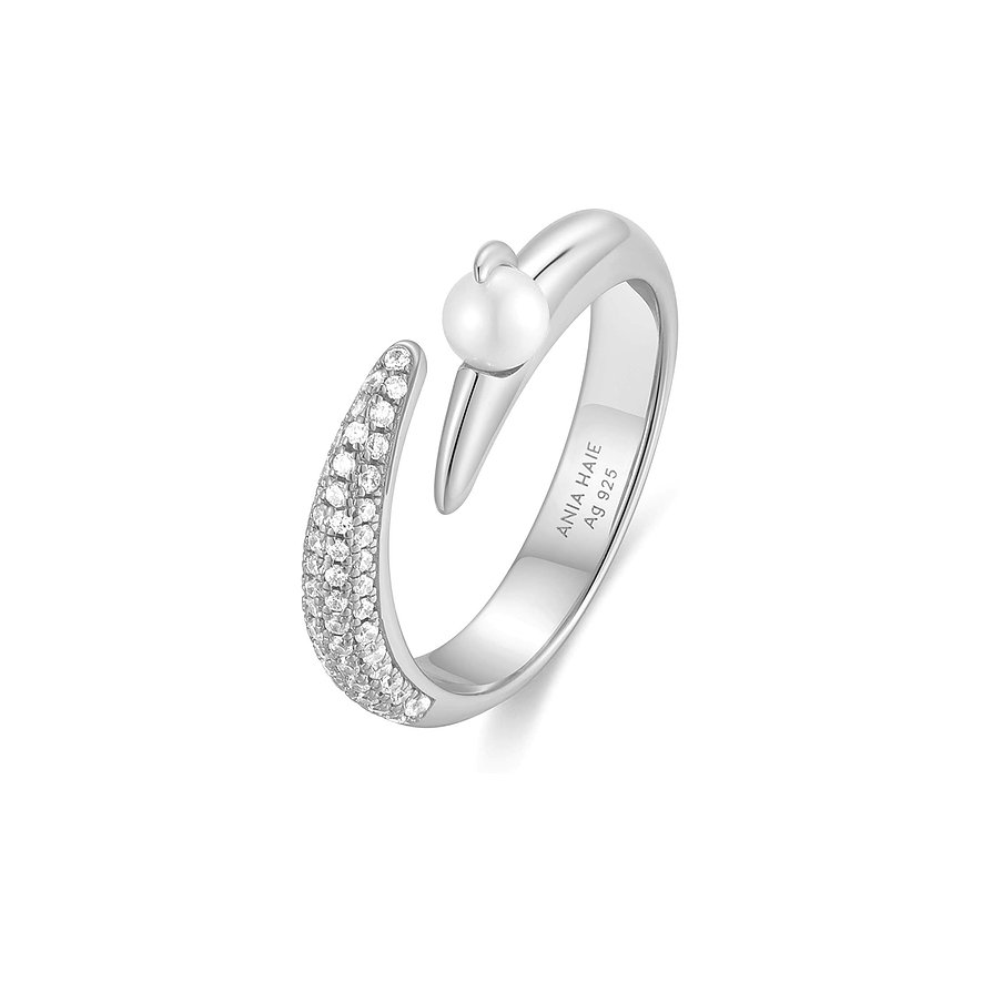 Ania Haie 925 sterling zilveren ring met zirkonia pavé en een elegante parel aan het begin van de ring.
