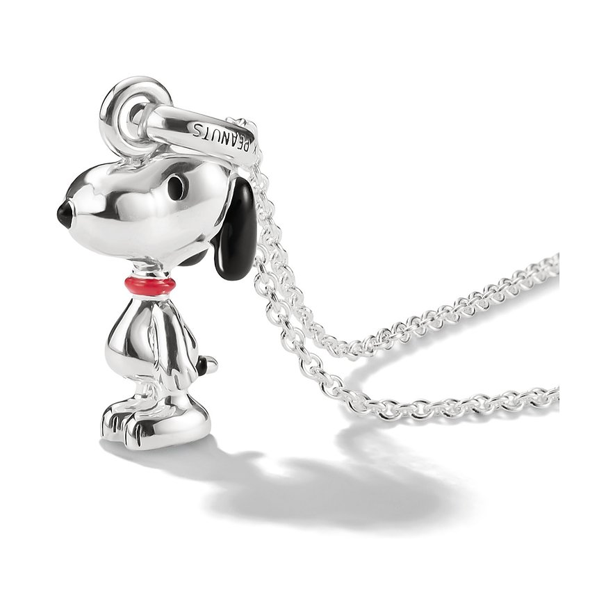 Thomas Sabo Halsschmuck „Snoopy“ aus Silber und Emaille. Glänzender Snoopy-Anhänger mit rotem Halsband an Silberkette.
