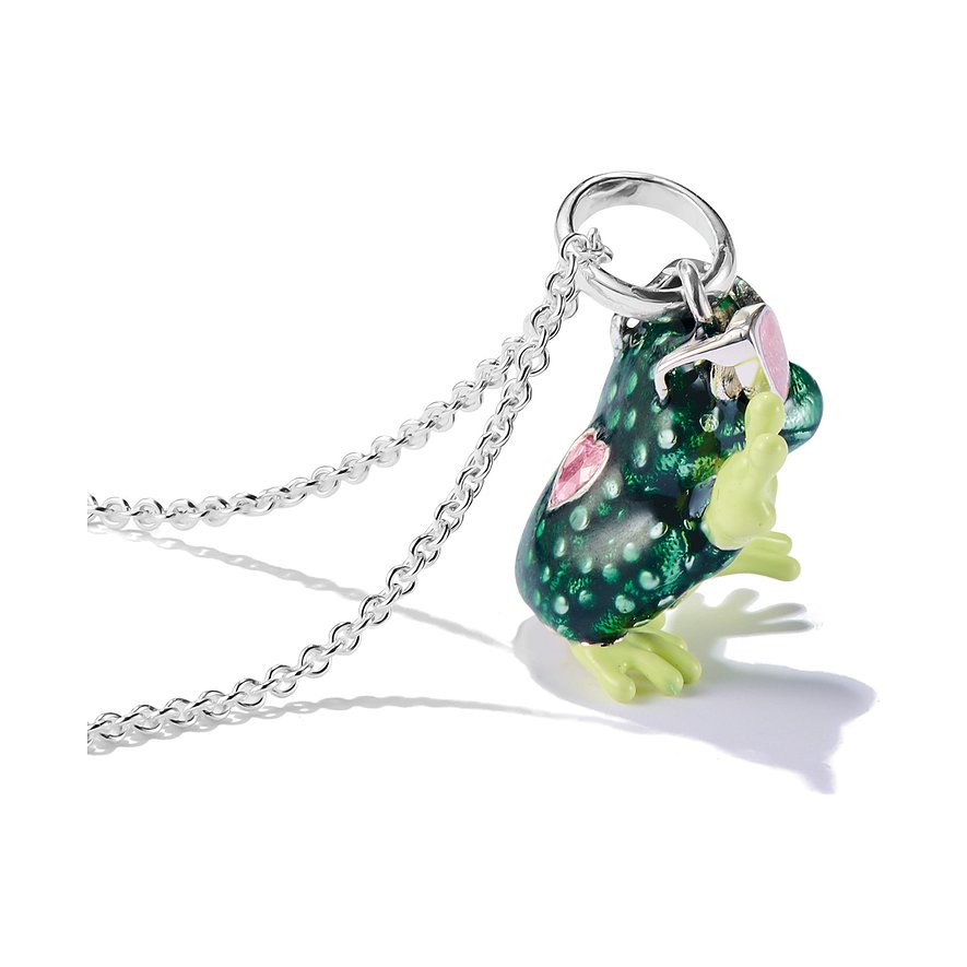 Thomas Sabo ketting: Speelse kikkervormige ketting van zilver met zirkonia-details en kleurstenen, schuin van achteren.