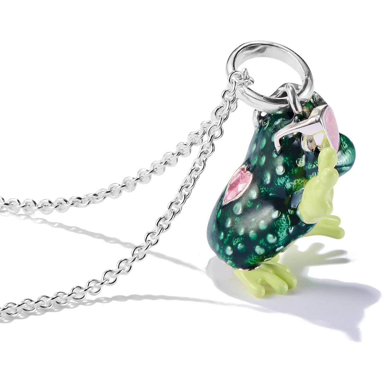 Thomas Sabo ketting: Speelse kikkervormige ketting van zilver met zirkonia-details en kleurstenen, schuin van achteren.