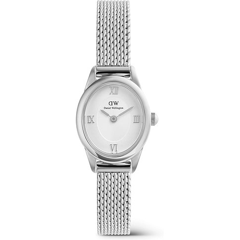 Daniel Wellington Damenuhr aus Edelstahl mit silbernem Milanaise-Armband und weißem Zifferblatt mit römischen Ziffern.
