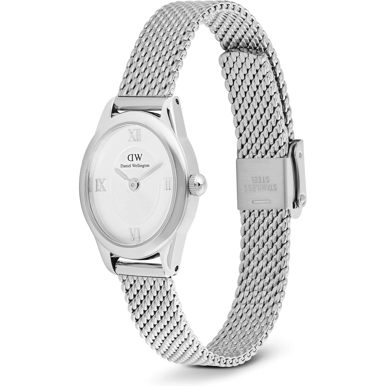 Daniel Wellington Damenuhr aus Edelstahl im Querformat, mit ovalem Gehäuse und silbernem Milanaise-Armband.