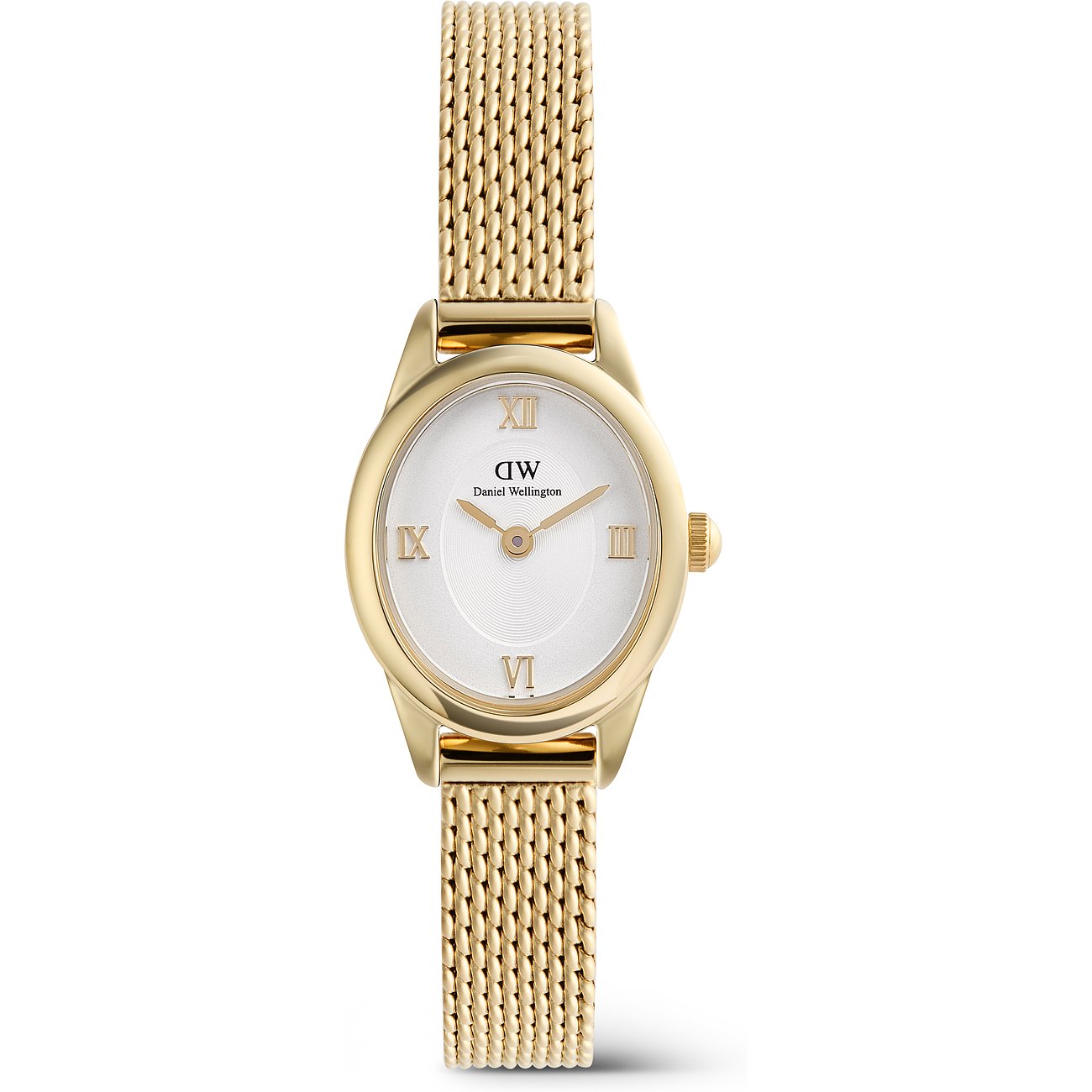 Daniel Wellington Damenuhr: goldfarbener Edelstahl, ovales Zifferblatt, feingliedriges Mesh-Armband, Frontansicht.