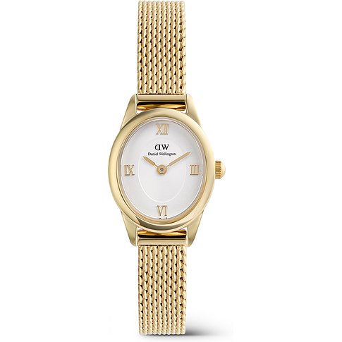 Daniel Wellington Damenuhr: goldfarbener Edelstahl, ovales Zifferblatt, feingliedriges Mesh-Armband, Frontansicht.