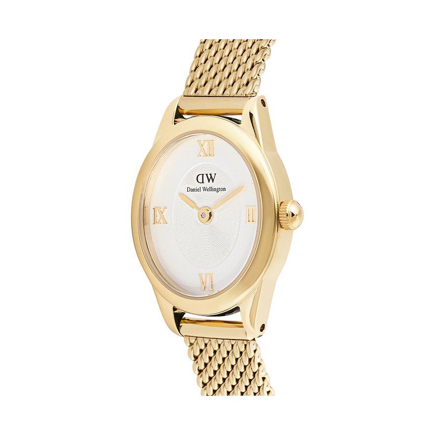 Daniel Wellington Damenarmbanduhr aus goldfarbenem Edelstahl mit weißem Zifferblatt und römischen Ziffern.