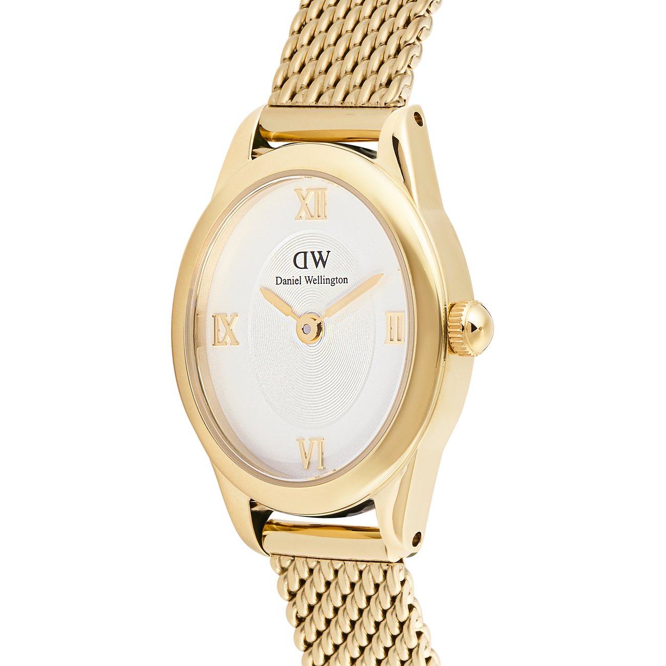 Daniel Wellington Damenarmbanduhr aus goldfarbenem Edelstahl mit weißem Zifferblatt und römischen Ziffern.