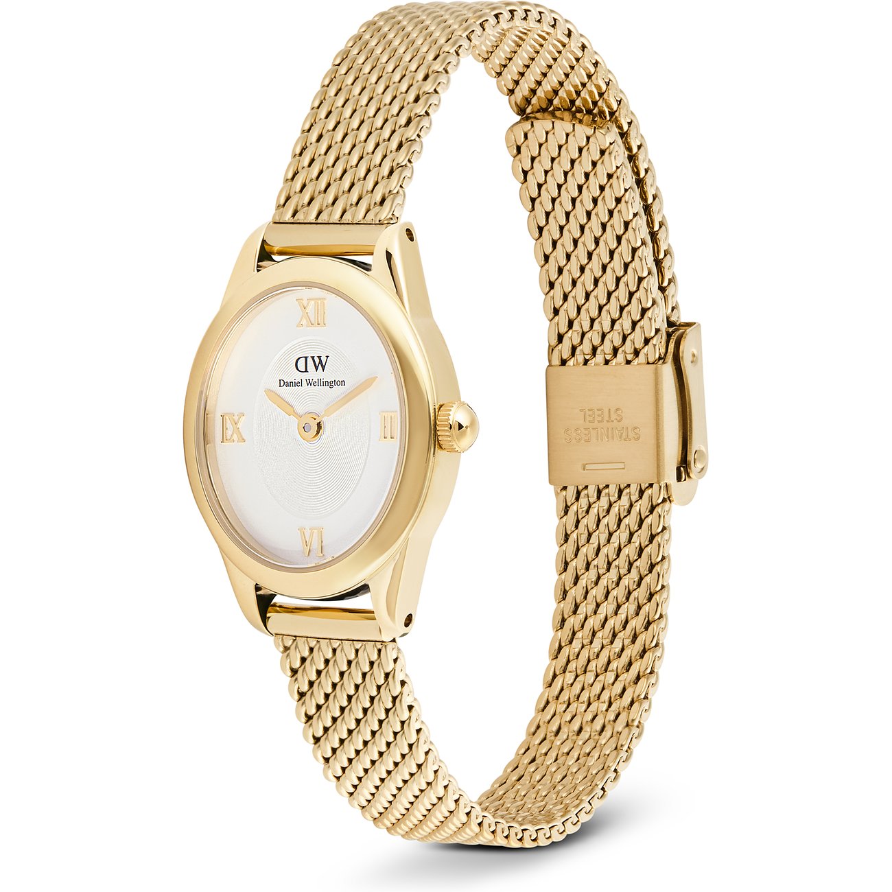 Daniel Wellington Damenuhr aus goldfarbenem Edelstahl, schräg von oben rechts, mit filigranem Milanaise-Armband.