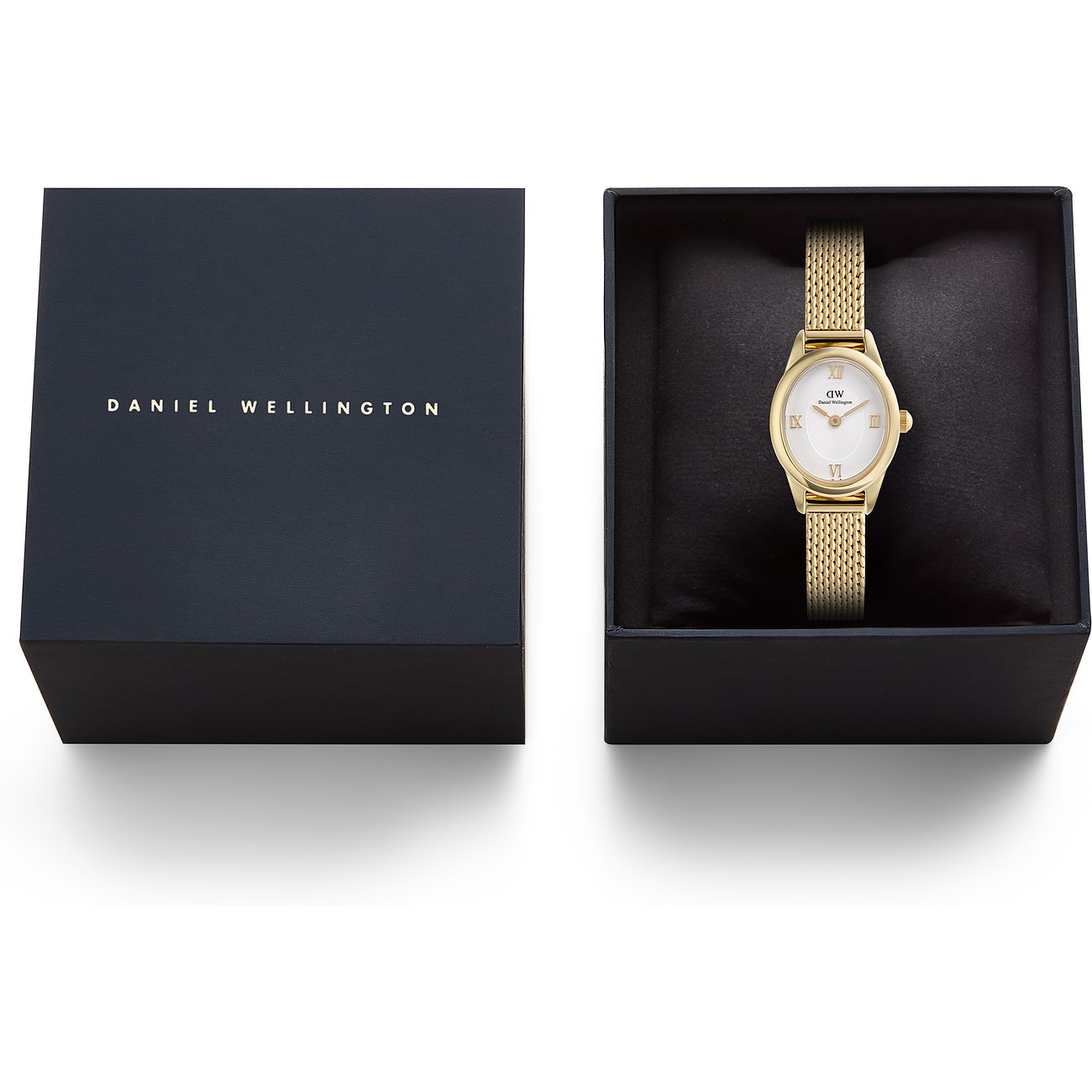 Eine goldfarbene Daniel Wellington Damenuhr aus Edelstahl mit ovalem Zifferblatt und Netzarmband in einer schwarzen Box.