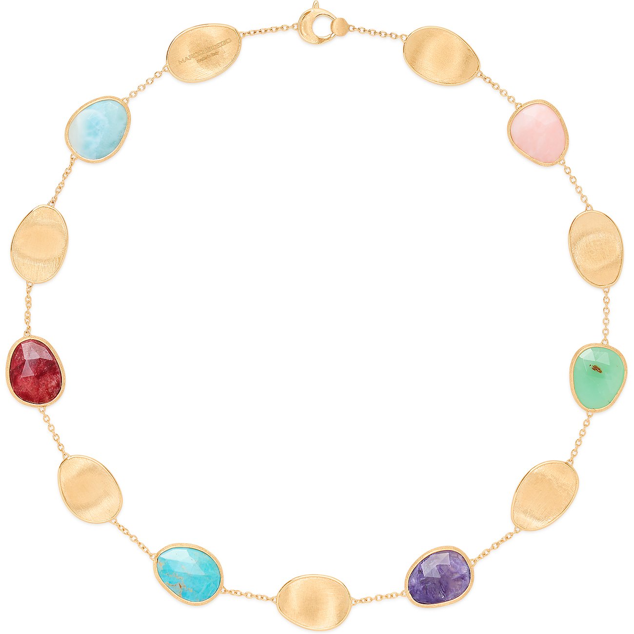 Marco Bicego Kette aus Gelbgold mit facettierten, ovalen Turmalinen in verschiedenen Farben und strukturierten Plättchen.