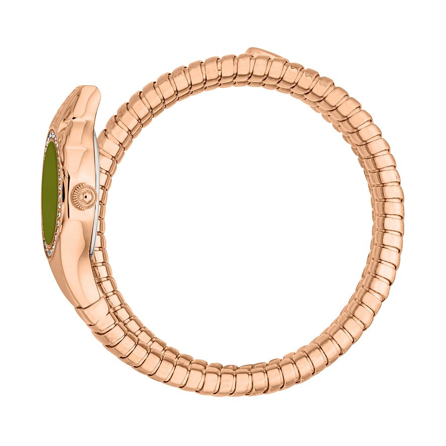 Roségoldfarbene Just Cavalli Damenuhr aus Edelstahl, seitlich gesehen. Olivgrünes Zifferblatt mit Schlangendesign.