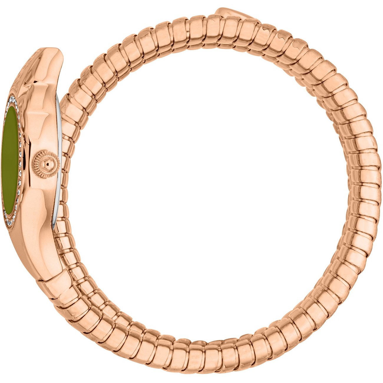Roségoldfarbene Just Cavalli Damenuhr aus Edelstahl, seitlich gesehen. Olivgrünes Zifferblatt mit Schlangendesign.