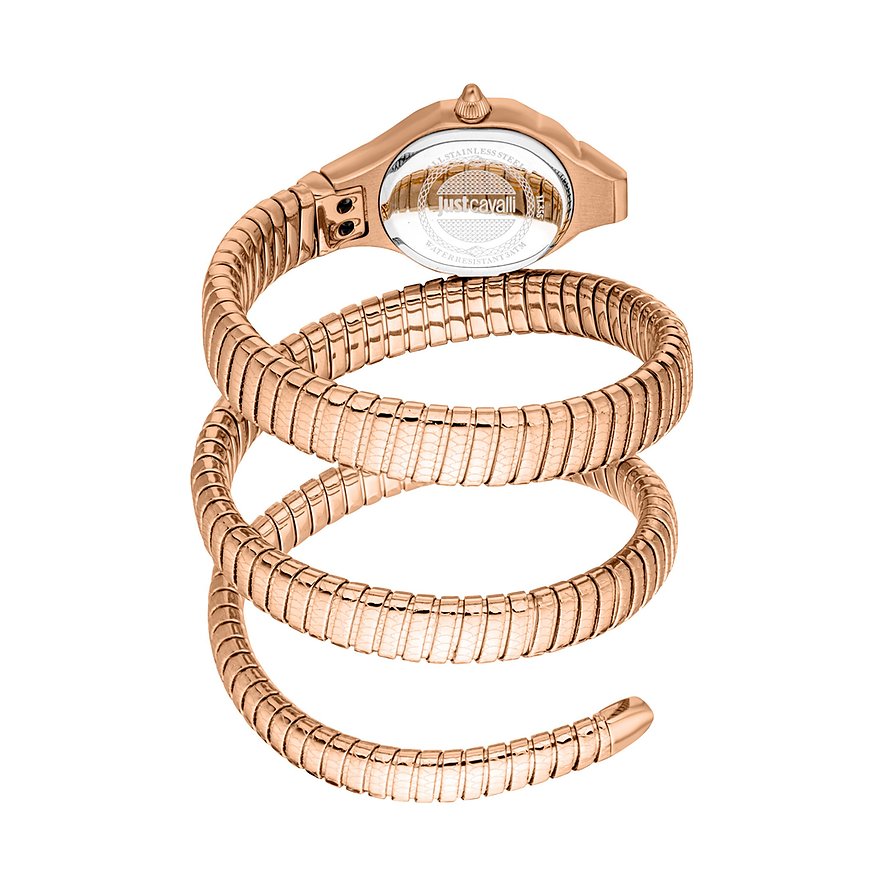 Rückansicht der Just Cavalli Damenuhr aus ros d éfarbenem Edelstahl mit spiralförmigem Schlangenarmreif.