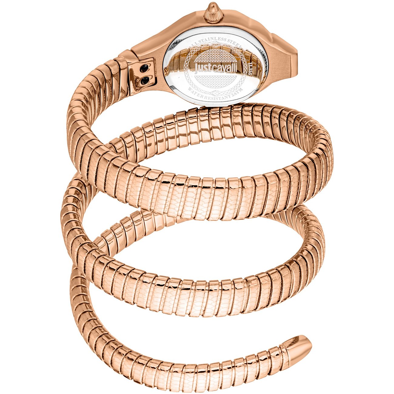 Rückansicht der Just Cavalli Damenuhr aus ros d éfarbenem Edelstahl mit spiralförmigem Schlangenarmreif.