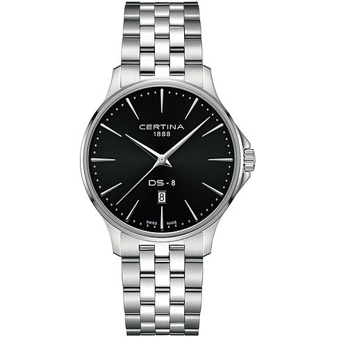 Certina Herrenuhr DS-8 aus Edelstahl mit schwarzem Zifferblatt und Datumsanzeige.