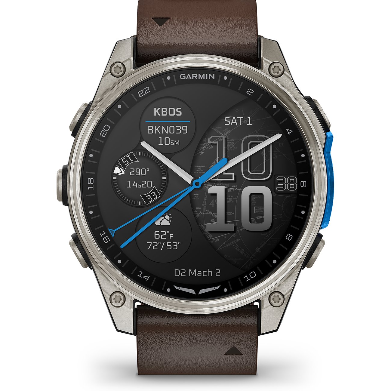 Eine Garmin D2 Mach 2 Titan-Smartwatch mit braunem Lederarmband und blauem Akzent auf der Seite ist zu sehen.
