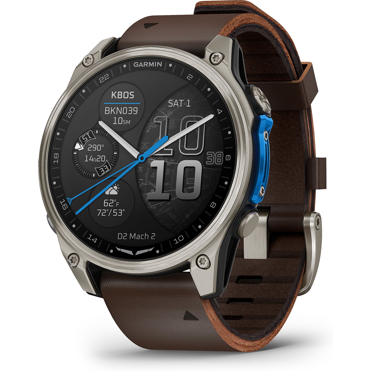 Eine Garmin Smartwatch aus Titan mit braunem Lederband wird schräg von vorne gezeigt.