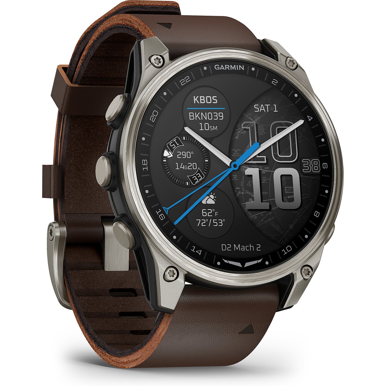 Garmin D2 Mach 2 Titan Smartwatch, schwarzes Zifferblatt mit blauen Akzenten, braunes Lederarmband.