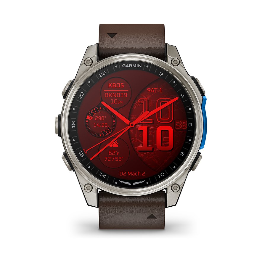 Garmin Smartwatch aus Titan mit braunem Lederarmband und rotem Zifferblatt