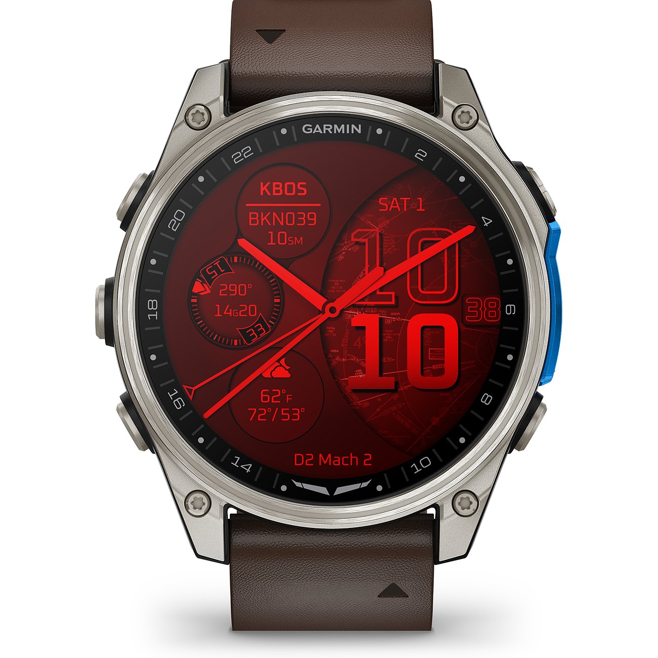 Garmin Smartwatch aus Titan mit braunem Lederarmband und rotem Zifferblatt