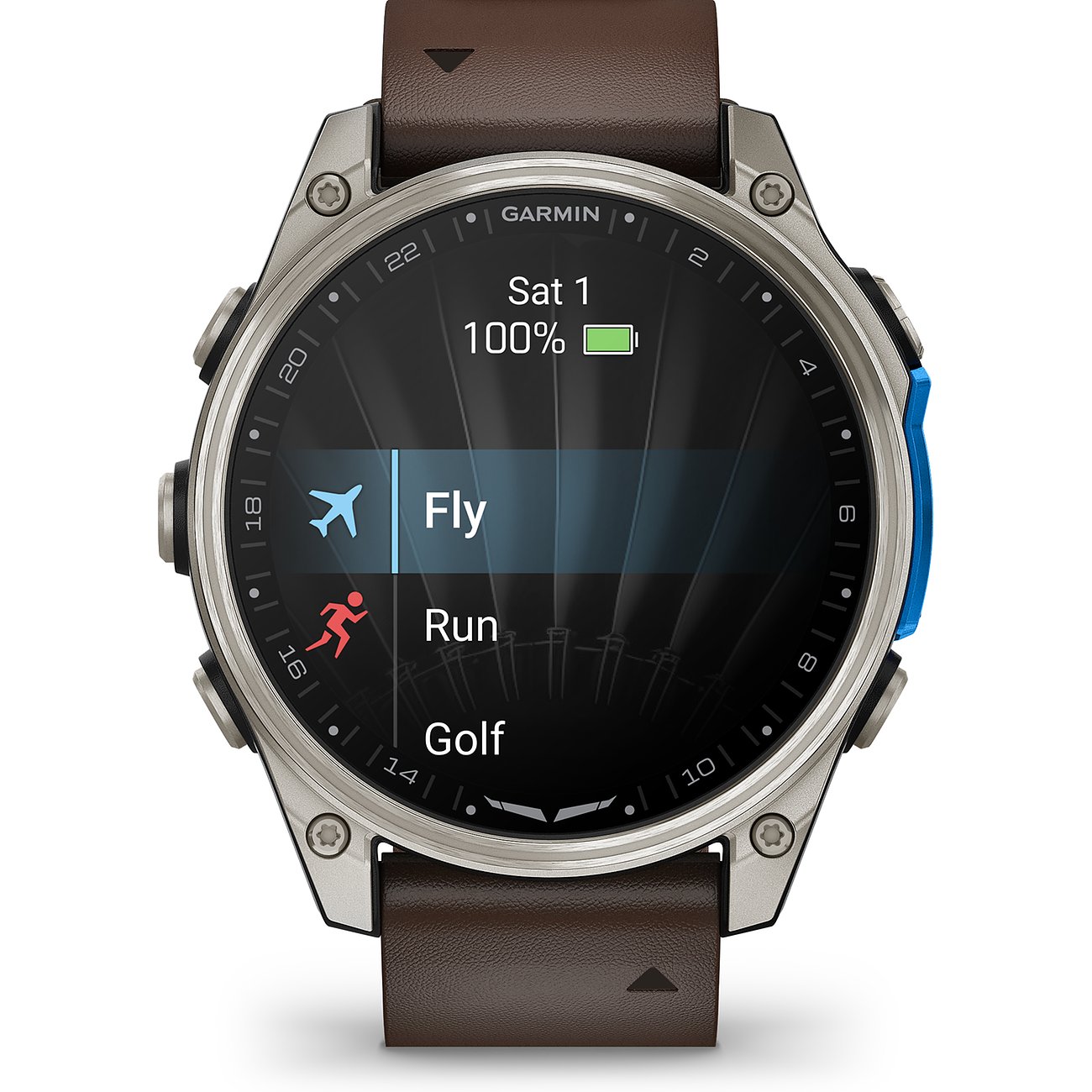 Garmin Smartwatch aus Titan mit braunem Lederarmband, die Flug-, Lauf- und Golfoptionen auf dem Bildschirm anzeigt.