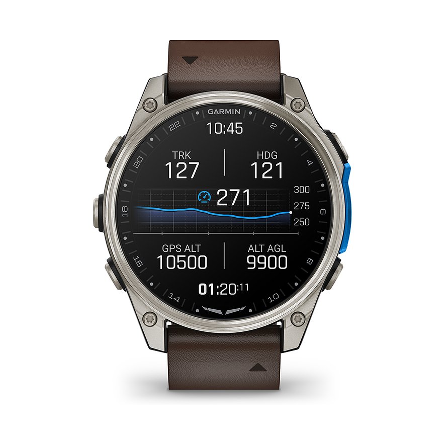 Eine Garmin Titan Smartwatch mit braunem Lederarmband und angezeigten Daten wie Höhe und Kurs.