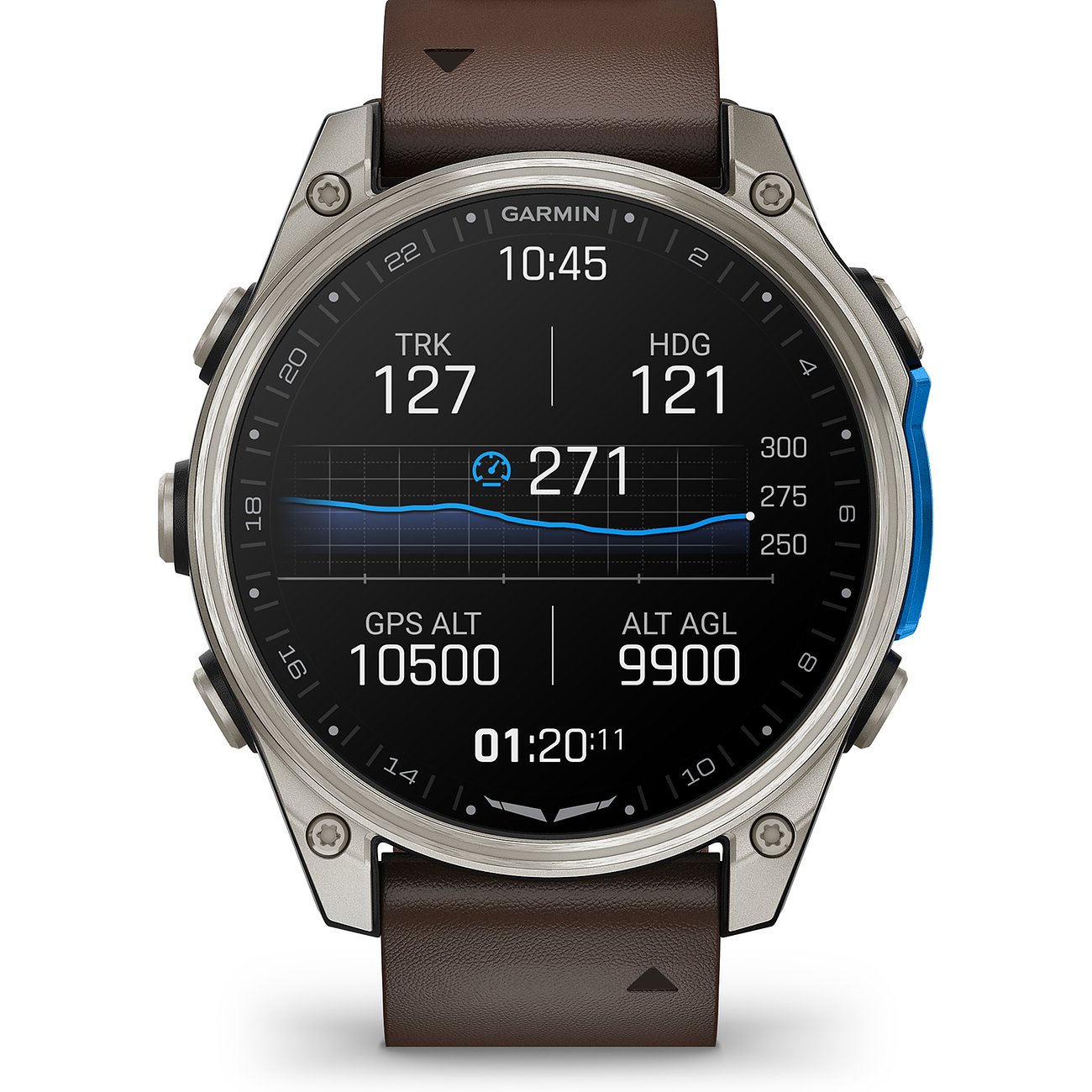 Eine Garmin Titan Smartwatch mit braunem Lederarmband und angezeigten Daten wie Höhe und Kurs.