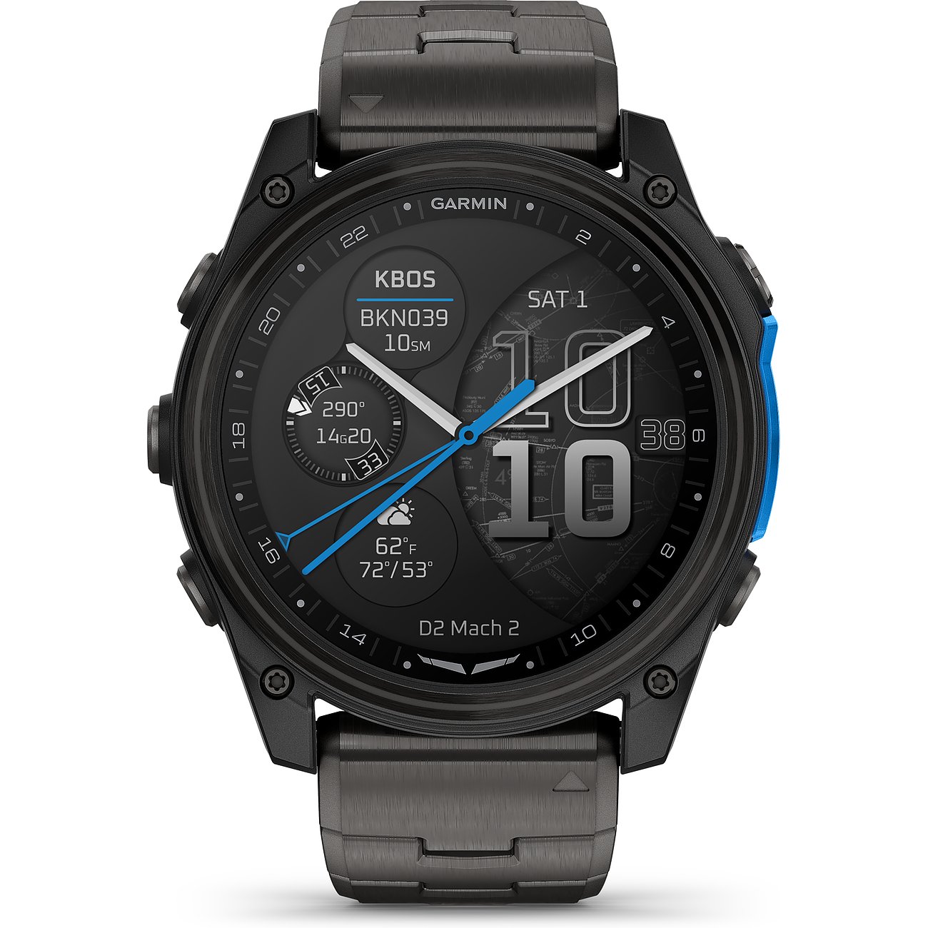 Garmin Smartwatch aus Titan von vorne. Die Uhr hat ein mattgraues Armband und ein dunkles Zifferblatt mit blauen Akzenten.