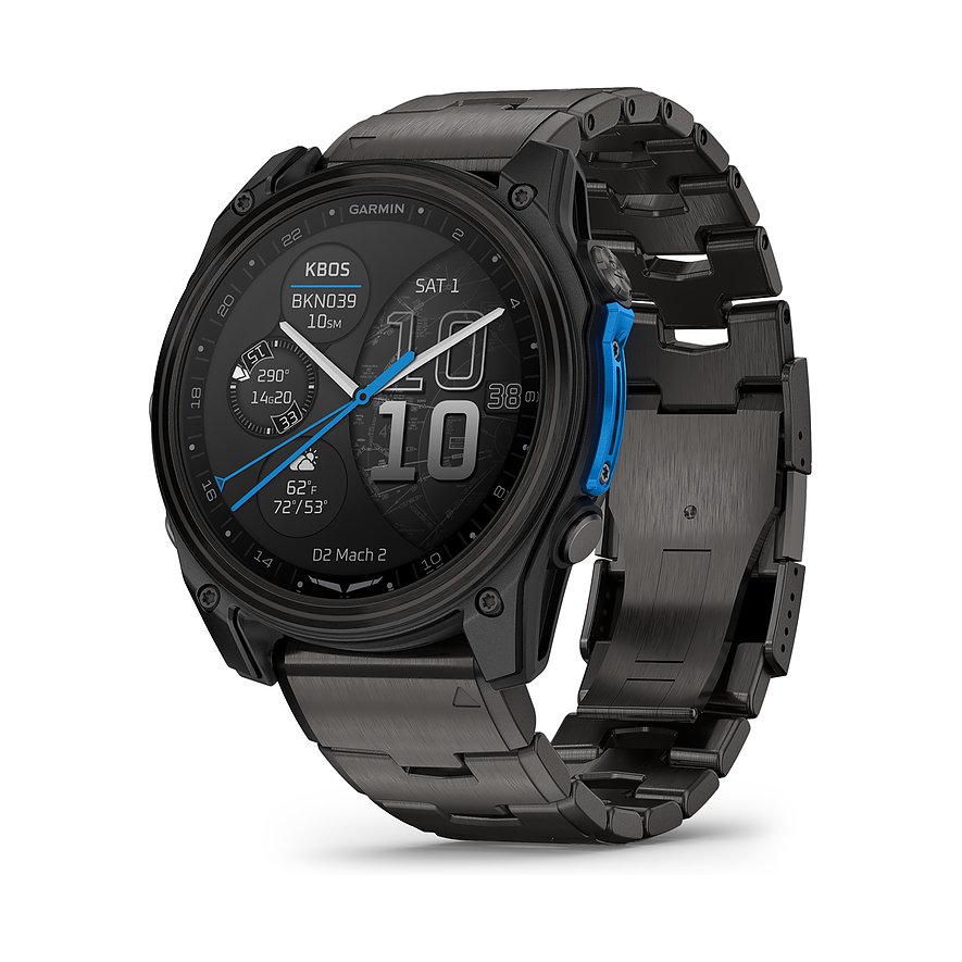 Eine schwarze Garmin Smartwatch aus Titan aus der D2 Mach 2 Serie in einer schrägen Ansicht.