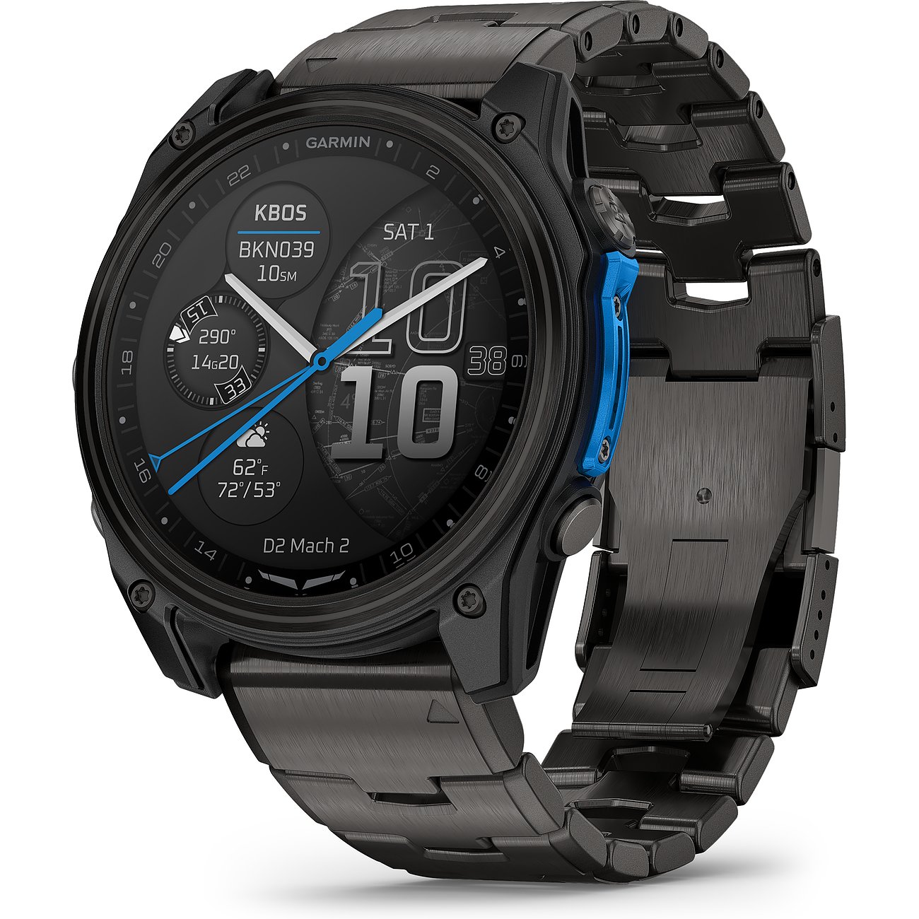 Eine schwarze Garmin Smartwatch aus Titan aus der D2 Mach 2 Serie in einer schrägen Ansicht.
