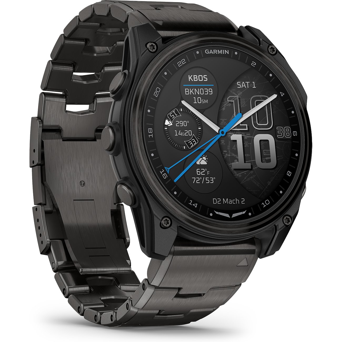 Eine Garmin Smartwatch aus Titan von schräg oben, mit schwarzem Zifferblatt und blauem Minutenzeiger.