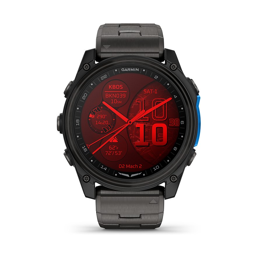 Eine schwarze Garmin Smartwatch aus Titan mit einem dunklen Zifferblatt und roten Akzenten zeigt die Uhrzeit an.