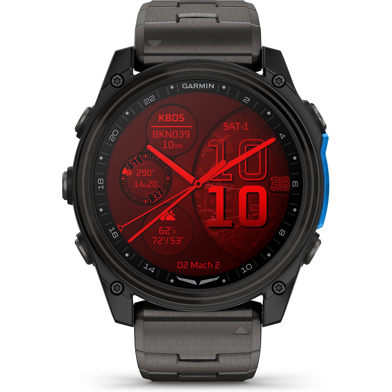 Eine schwarze Garmin Smartwatch aus Titan mit einem dunklen Zifferblatt und roten Akzenten zeigt die Uhrzeit an.