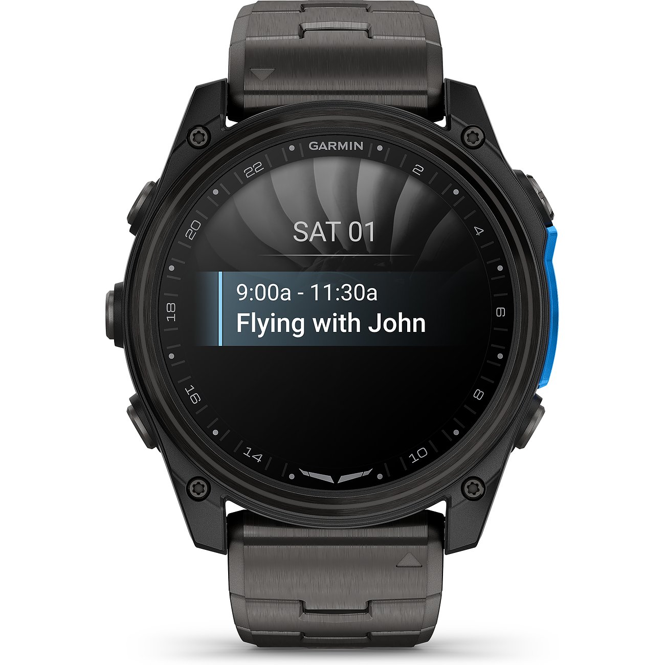 Eine schwarze Garmin Smartwatch aus Titan aus der Draufsicht mit einer blauen Taste und Uhrzeit.