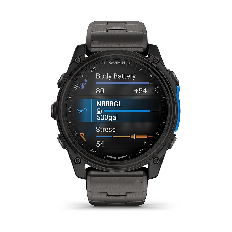 Garmin Smartwatch aus Titan mit schwarzem Gehäuse und Armband, blauem Akzent.