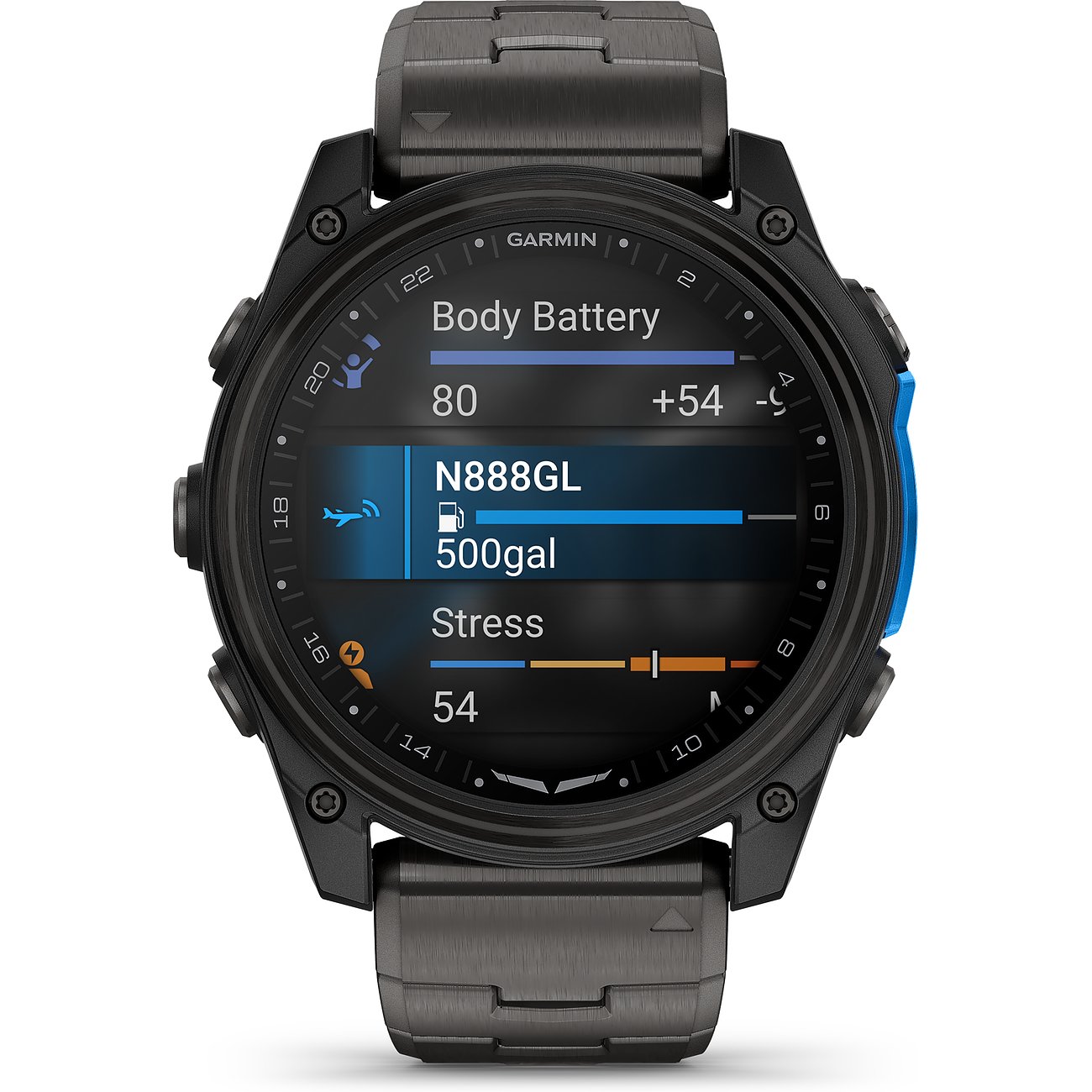 Garmin Smartwatch aus Titan mit schwarzem Gehäuse und Armband, blauem Akzent.