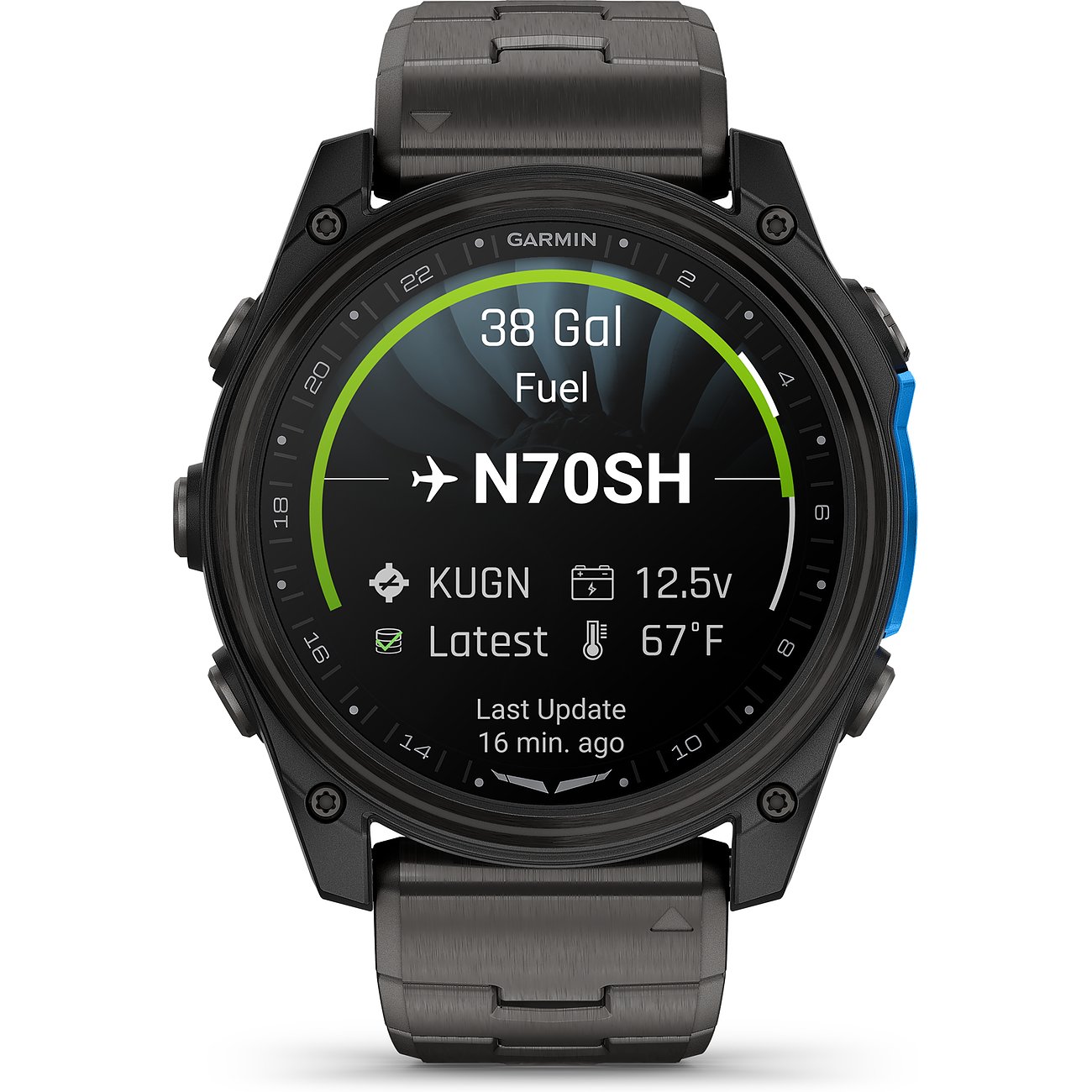 Eine schwarze Garmin Smartwatch aus Titan von vorne, das Display zeigt Navigation, Kraftstoff und Flugdaten an.