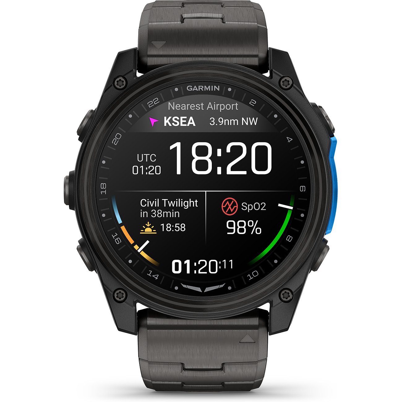 Eine Garmin Smartwatch aus Titan mit schwarzem Band, blauen Akzenten und Display mit verschiedenen Flugdaten.