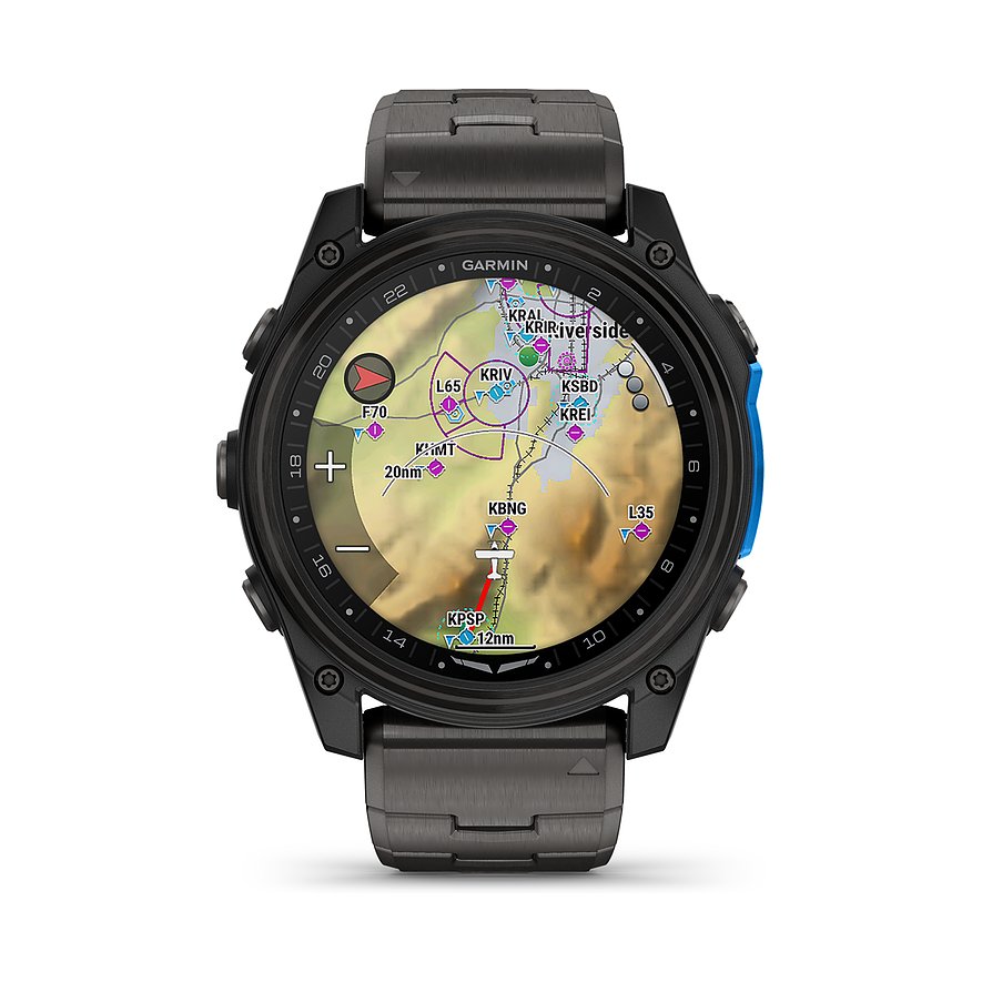 Eine schwarze Garmin Smartwatch mit Titan-Gehäuse und einem Karten-Display, das Routen und Orte anzeigt.