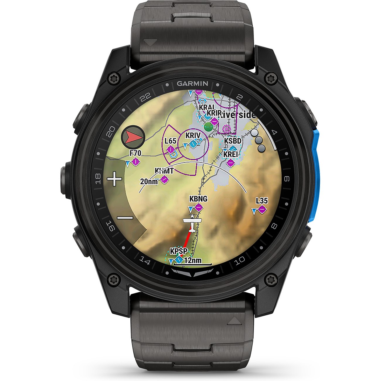 Eine schwarze Garmin Smartwatch mit Titan-Gehäuse und einem Karten-Display, das Routen und Orte anzeigt.