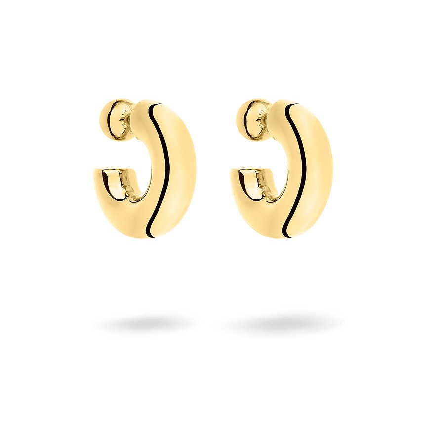 Twee glanzende, goudkleurige Liebeskind oorbellen van roestvrij staal, gepresenteerd in een elegante U-vorm.