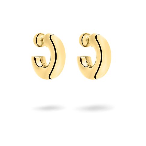 Två glänsande, guldfärgade Liebeskind örhängen i rostfritt stål, presenterade i en elegant U-form.