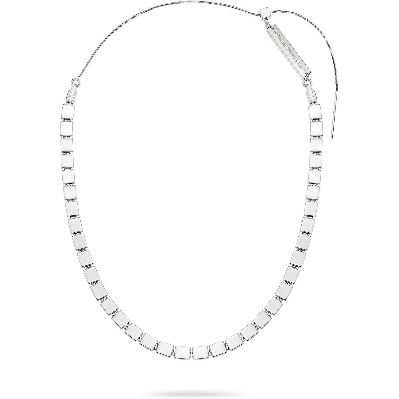 Liebeskind Halsschmuck aus Edelstahl, bestehend aus glänzenden, quadratischen Gliedern mit feiner Kette.