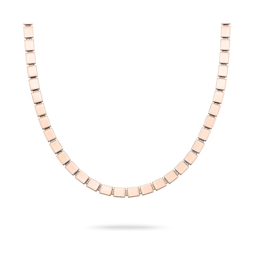 Eine roségoldfarbene Liebeskind Halskette aus Edelstahl, die aus einer Reihe flacher, rechteckiger Glieder besteht.