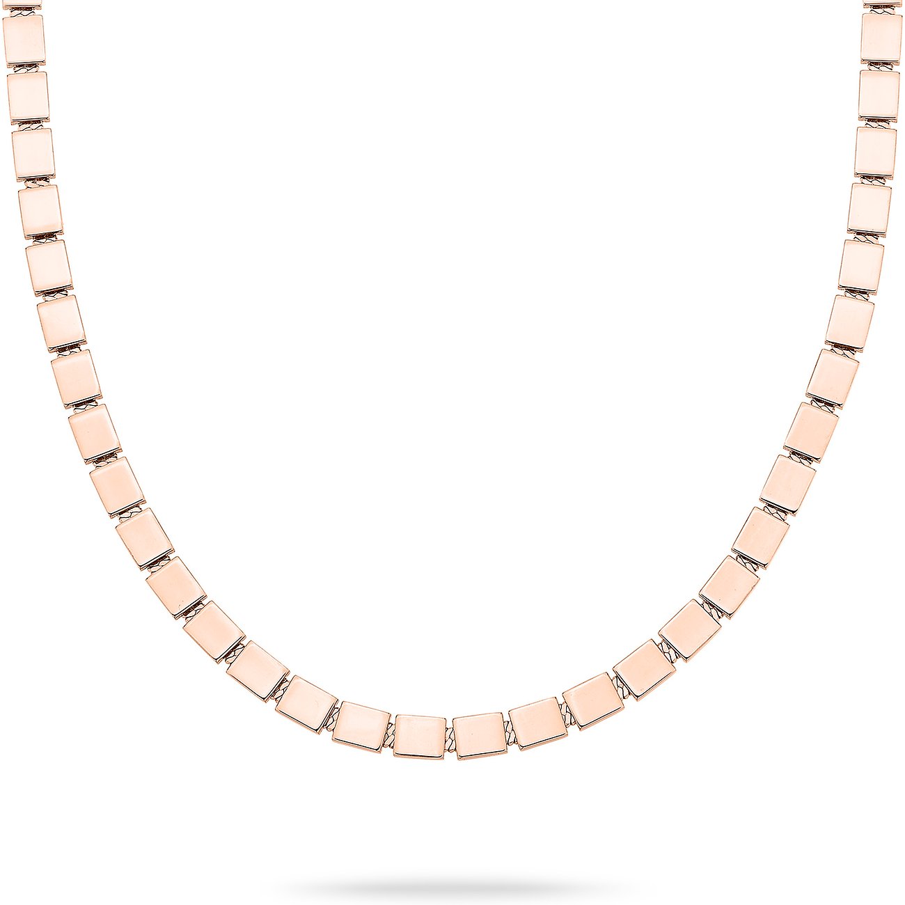 Eine roségoldfarbene Liebeskind Halskette aus Edelstahl, die aus einer Reihe flacher, rechteckiger Glieder besteht.