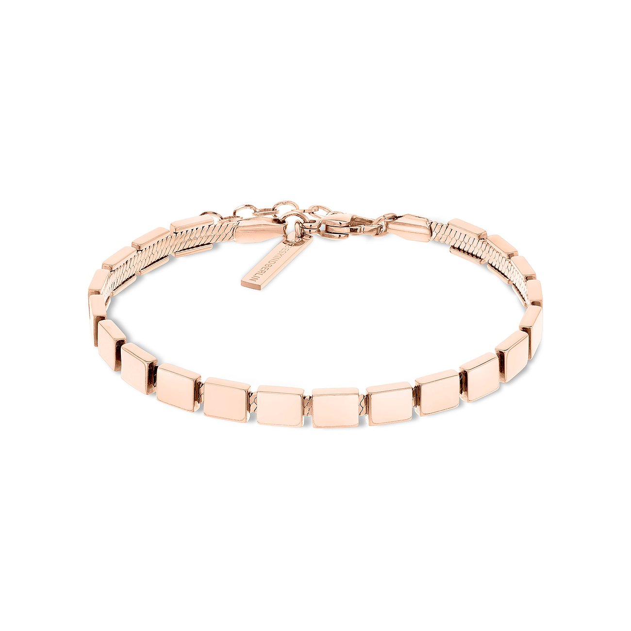 Liebeskind armband i roséguld-färgat rostfritt stål. Det består av en kedja med rektangulära länkar.