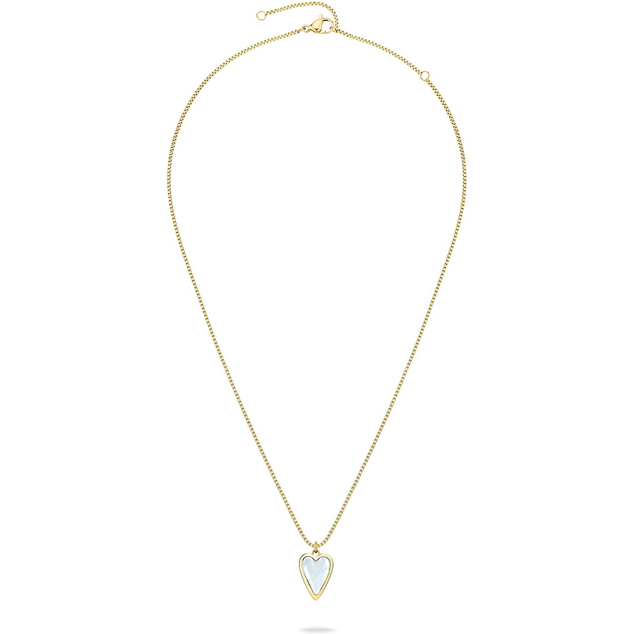 Liebeskind halsband i guldfärgat rostfritt stål med hjärtformat hänge och ljust inlägg.