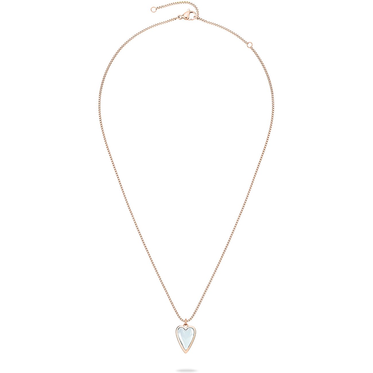 Roséguld Liebeskind halsband, rostfritt stål, med hjärtformat hänge och ljusblå sten.
